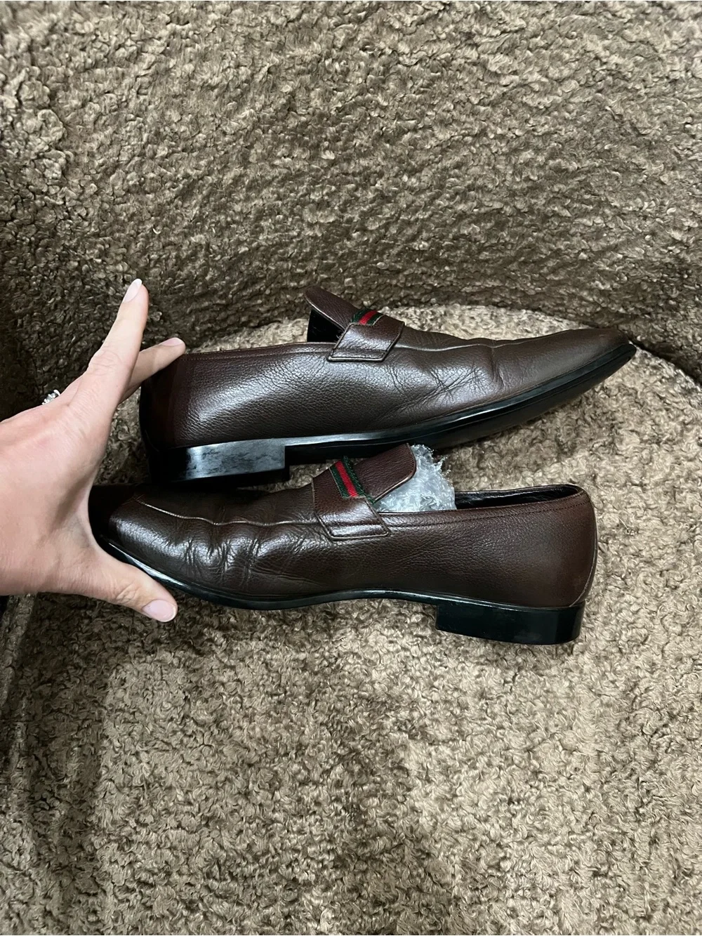 Men's Brown Leather Loafers with Red & Green Accent Gucci Sz 7.5 d